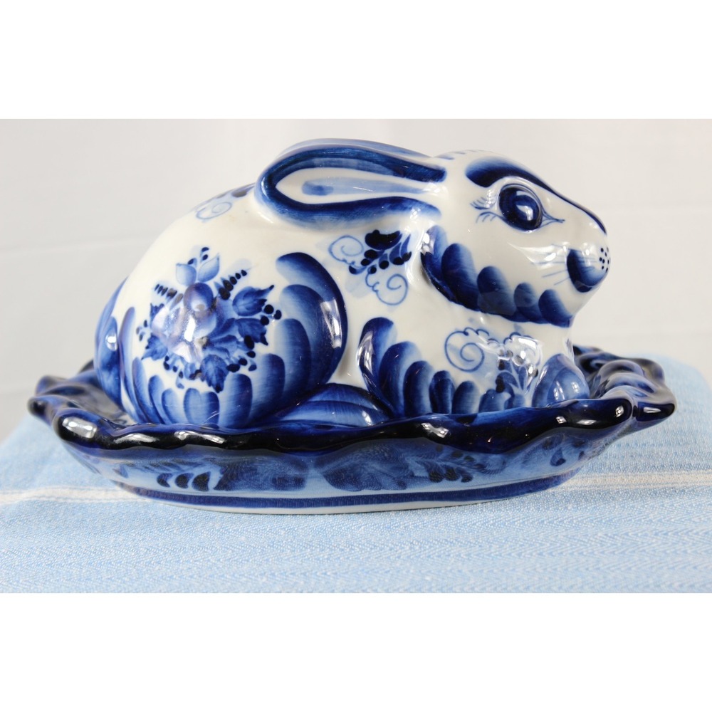 Gzhel Large Porcelain Rabbit 2 pc Butter/Serving Dish Hand Painted Signed